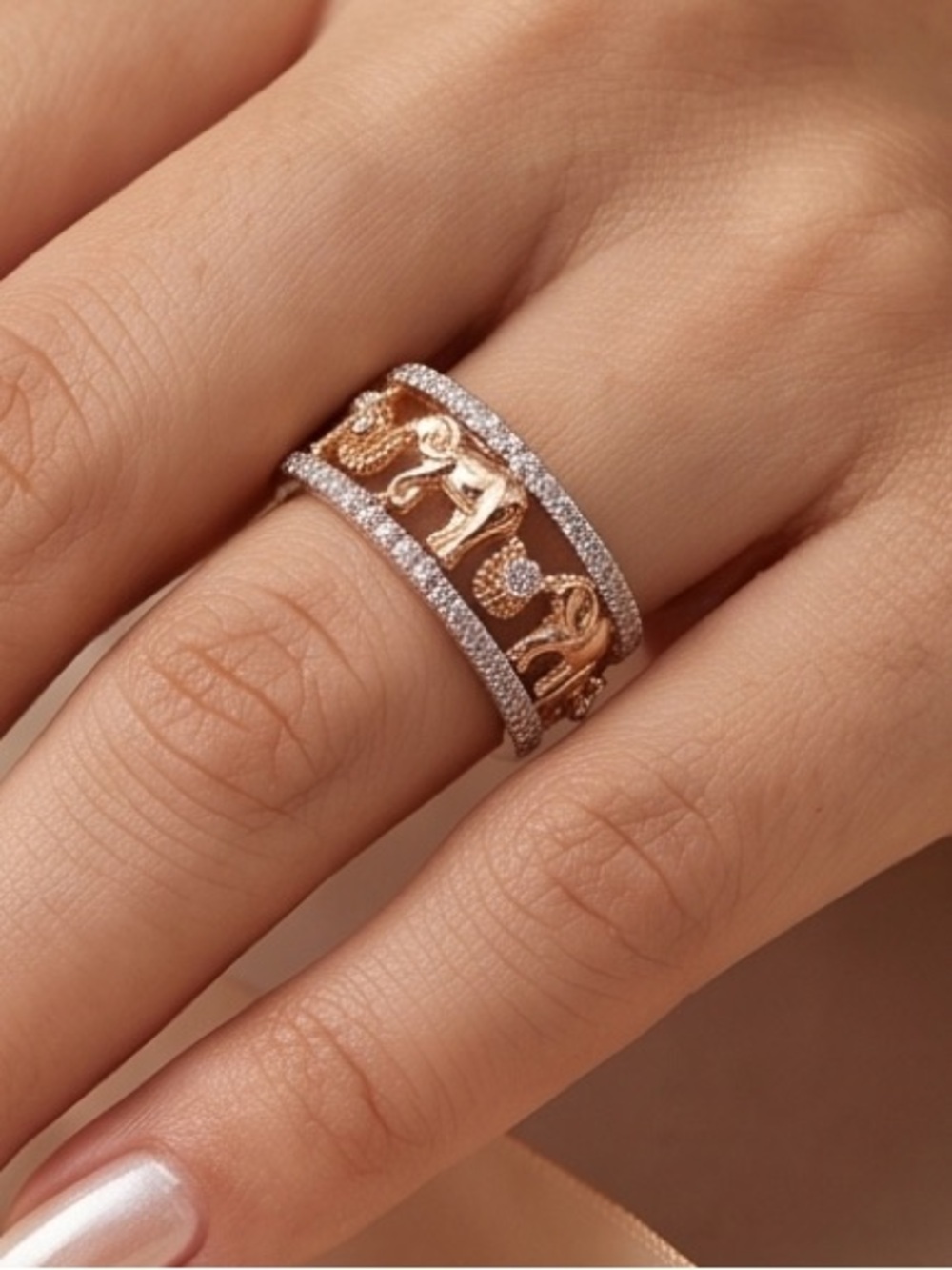 .925 Sterling Silver Rose Gold Tone Elephant Band Ring with CZ Stones NEW Size 7